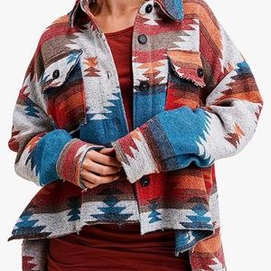 Springrain Womens Aztec Print Shacket Lapel Long Sleeve Button Down Shirt Jacket